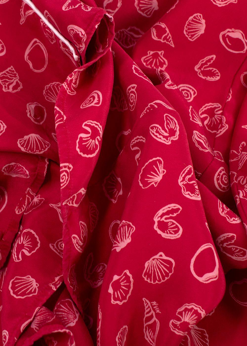 HVN Red Shell Print Silk Shirt Dress