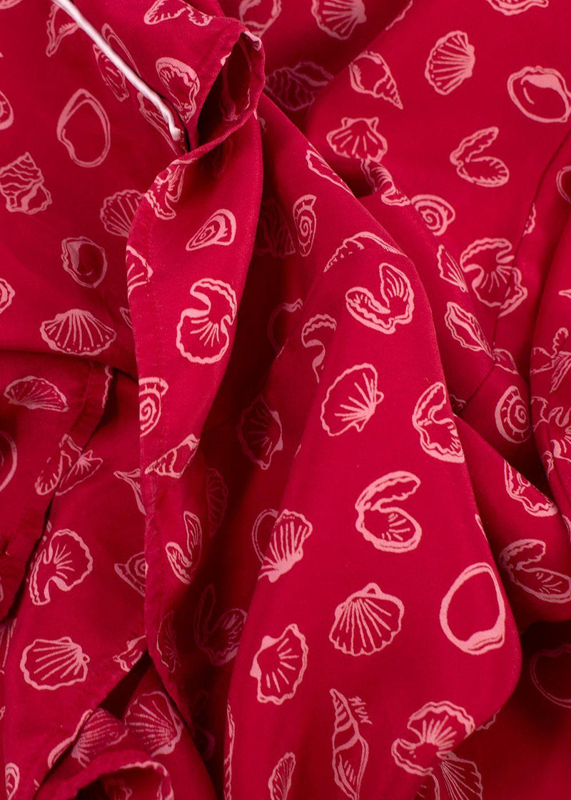 HVN Red Shell Print Silk Shirt Dress