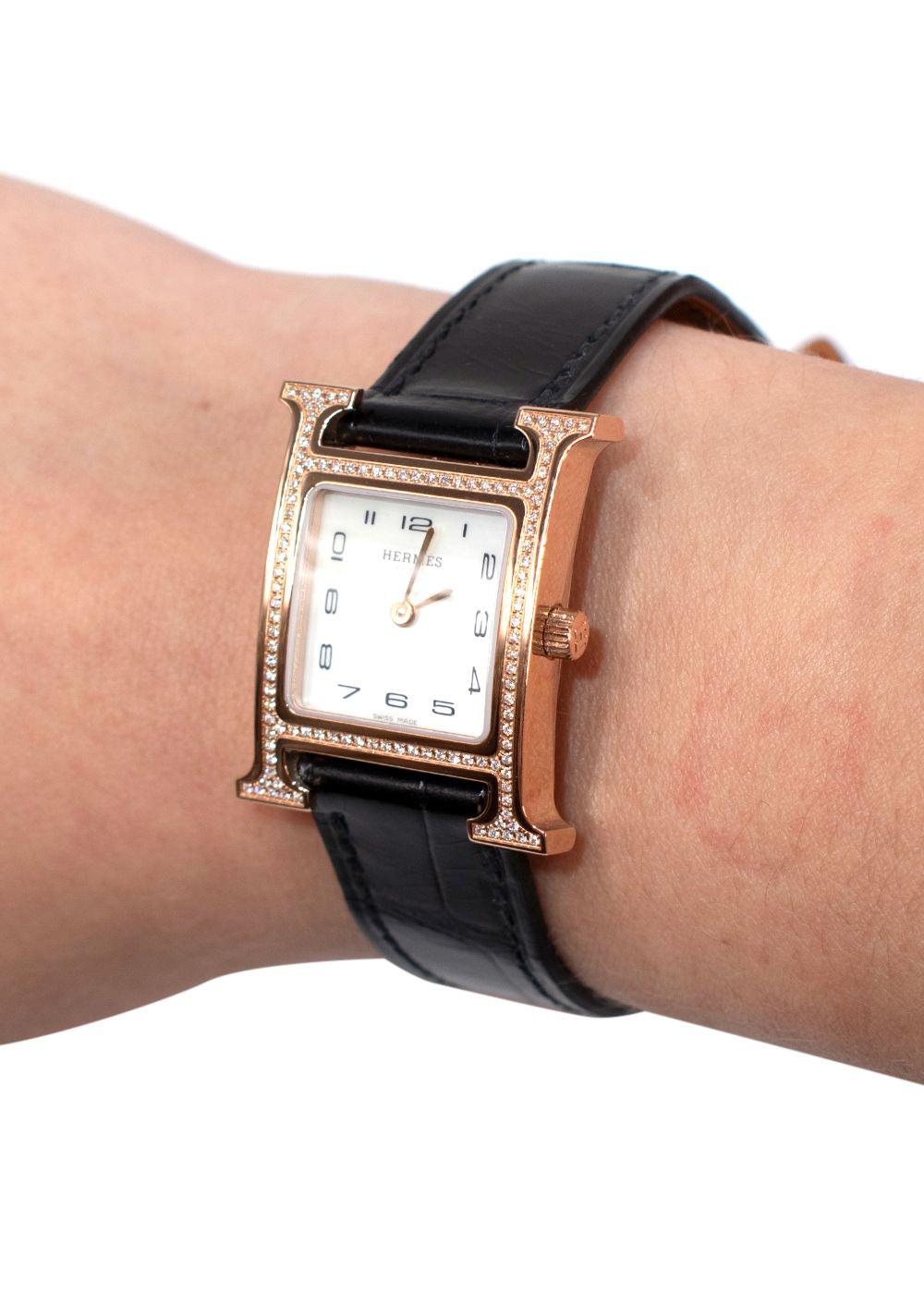 Hermes Black Alligator and Diamond Heure H Watch with Rose Gold Hardware