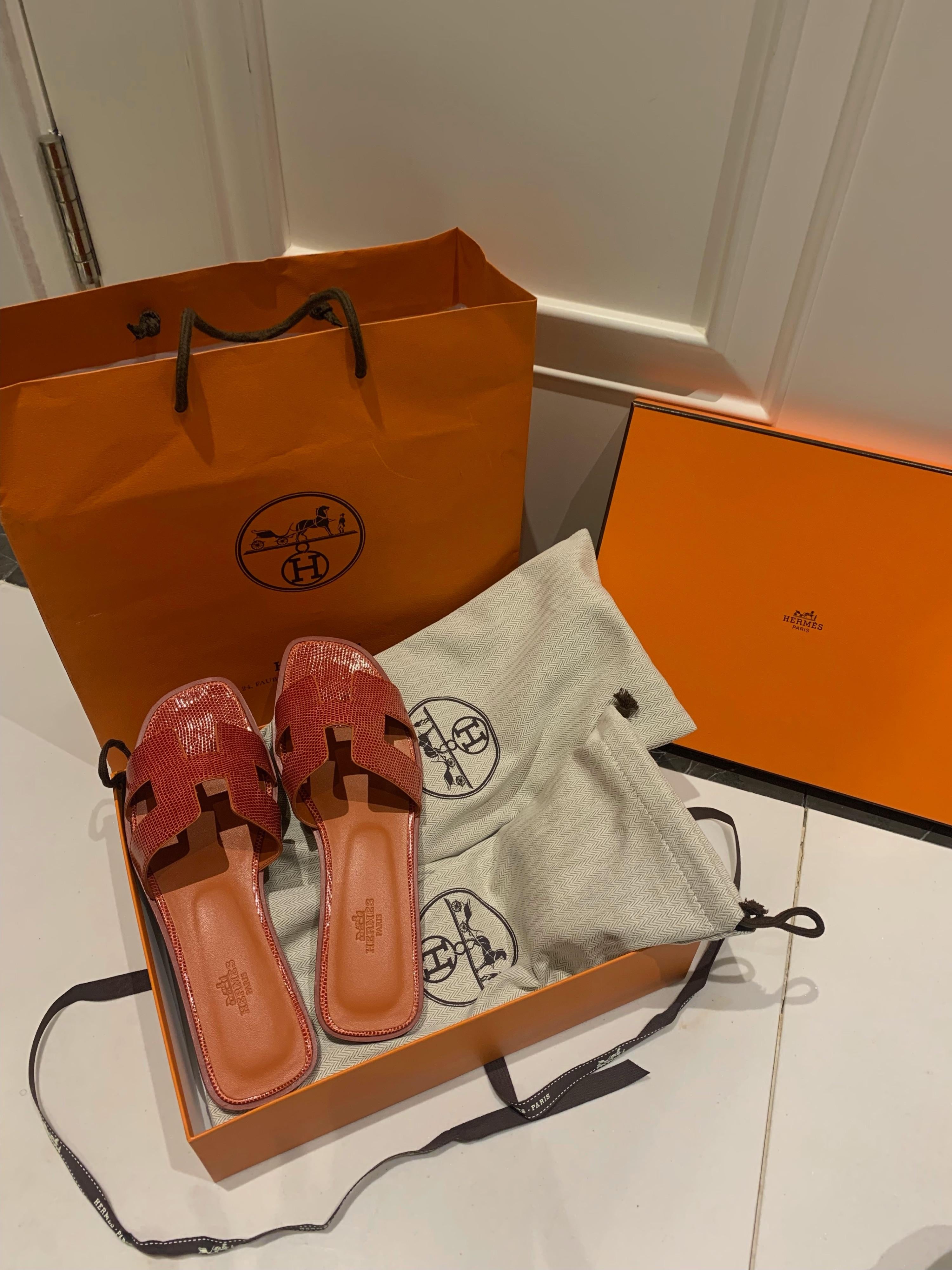 Hermes Rouge Coccinelle Lizard Oran Sandals