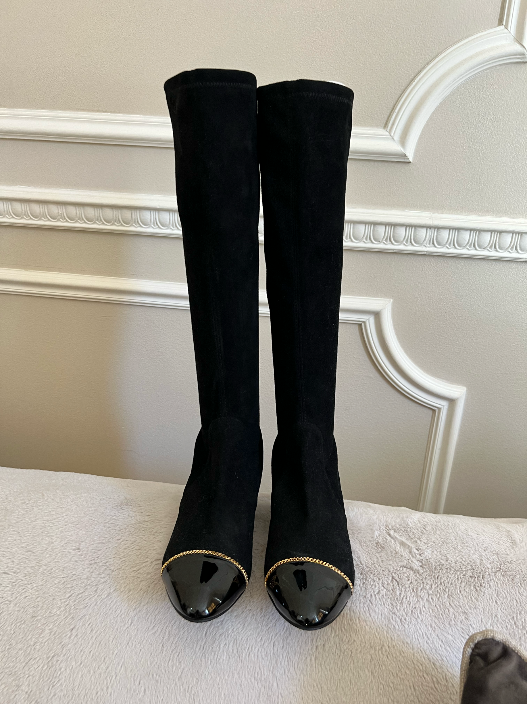 Valerie 60 chain-trimmed patent-leather and stretch-suede knee boots