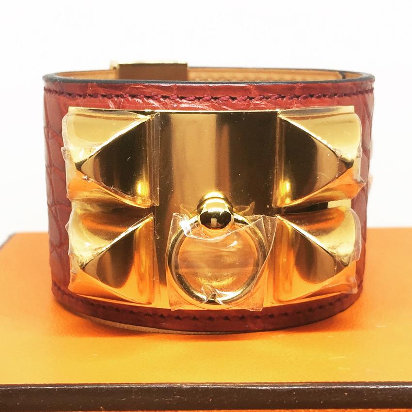 Hermes Matte Rouge Alligator Collier de Chien CDC Bracelet GHW Small