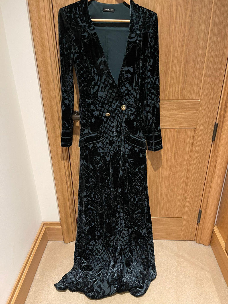 Dark Green Velvet Devore Deep V-Neck Gown