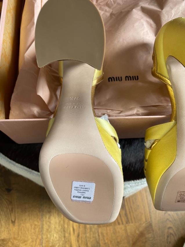 Miu Miu Gold Leather & Yellow Satin Platform Sandals