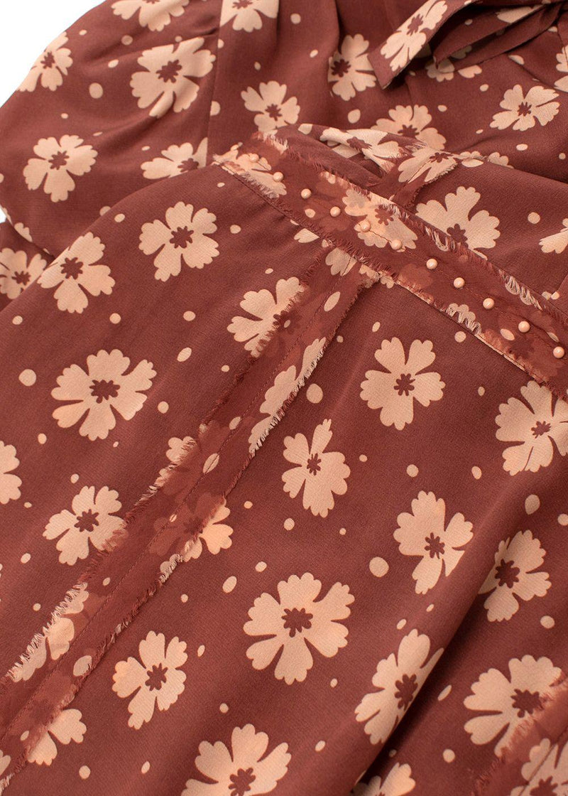 Terracotta Silk Crepe de Chine Floral Tea Dress