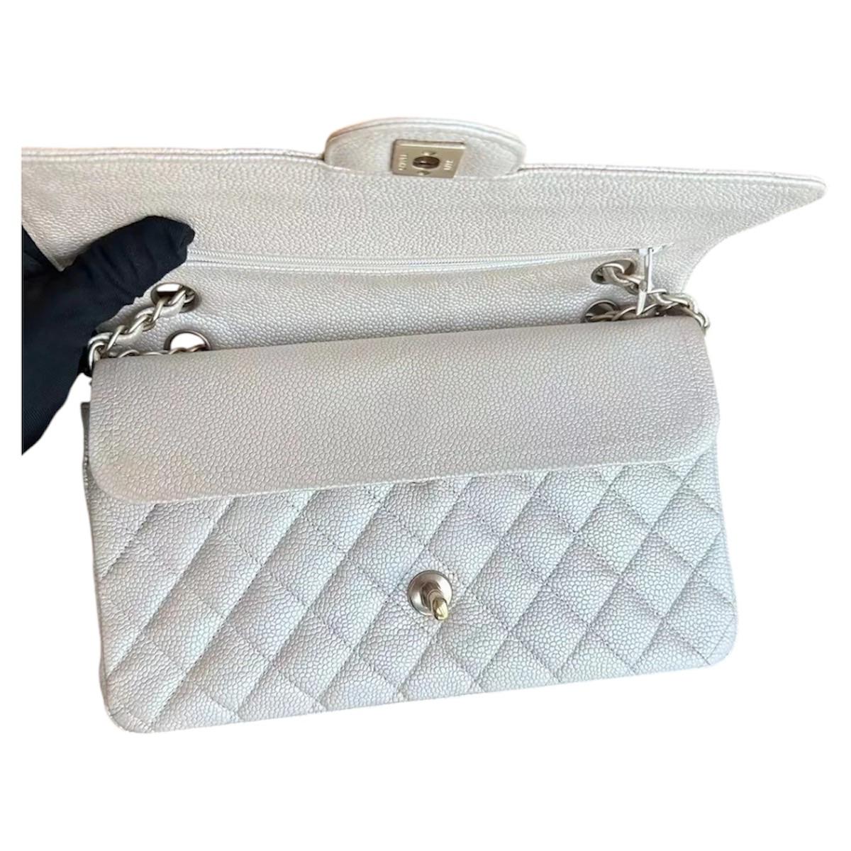 Iridescent Beige Medium  Quilted Caviar Grained Calfskin Double Flap Bag