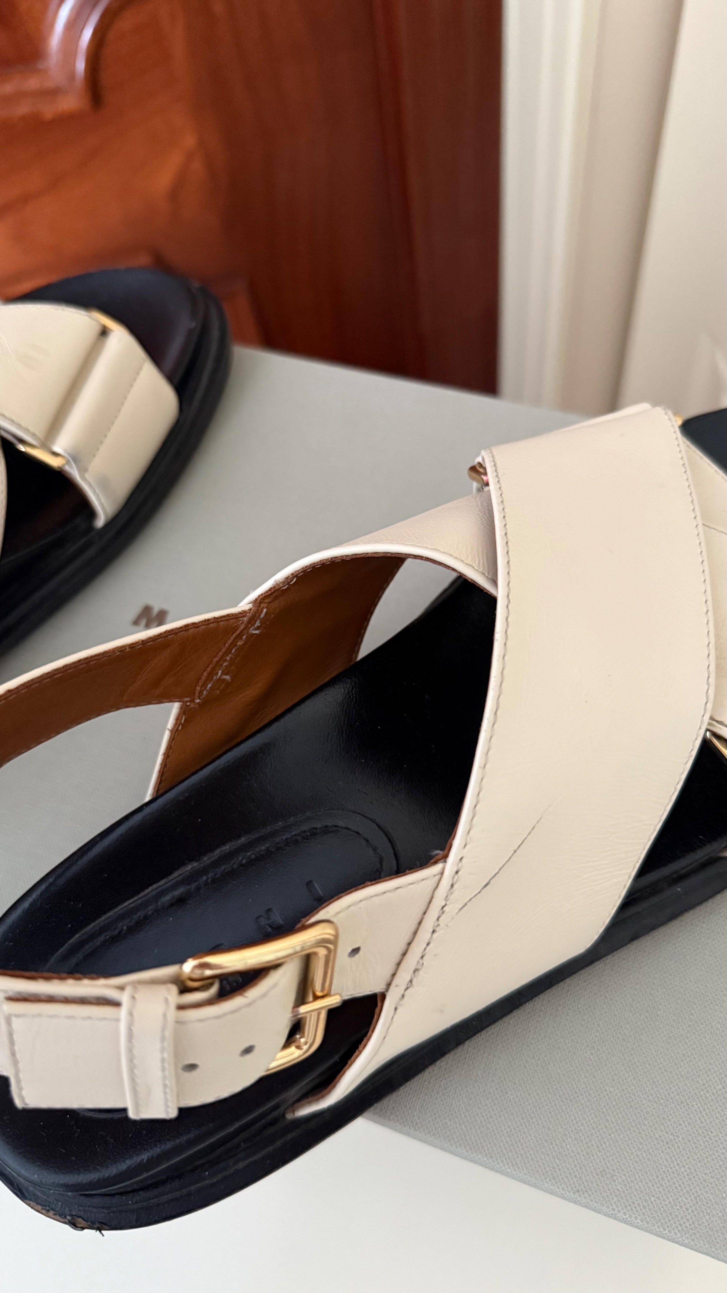 Marni Ivory Leather Flat Sandals