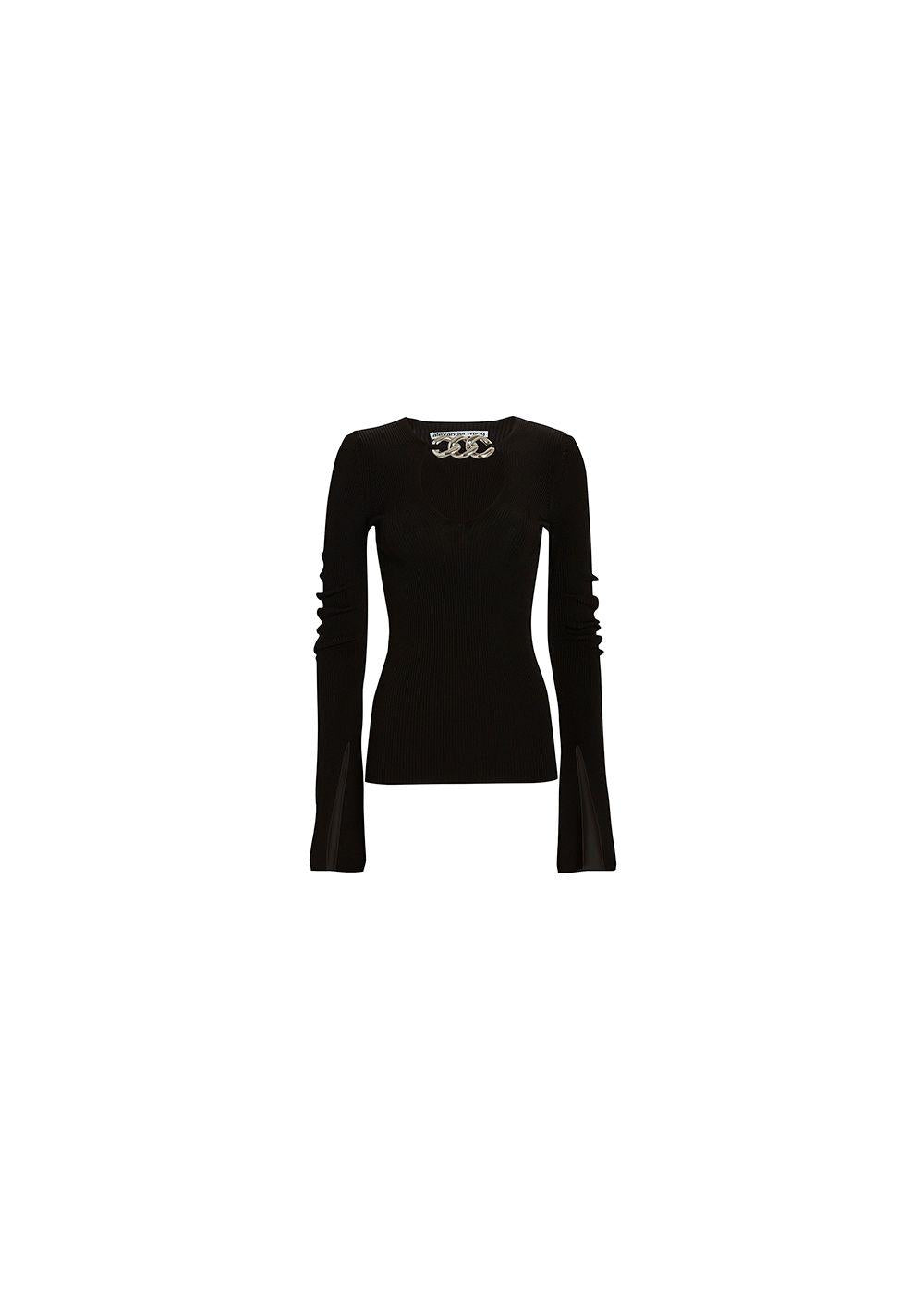Black ribbed knit chain detail top