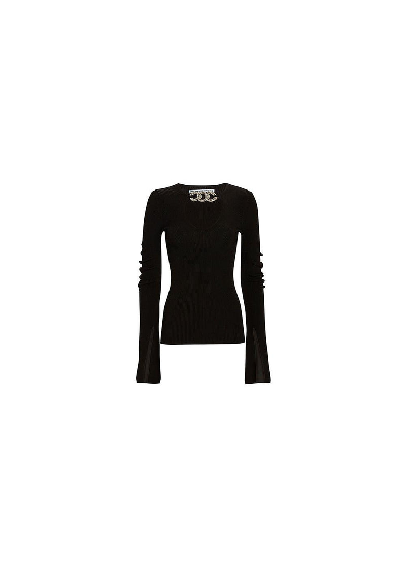 Black ribbed knit chain detail top