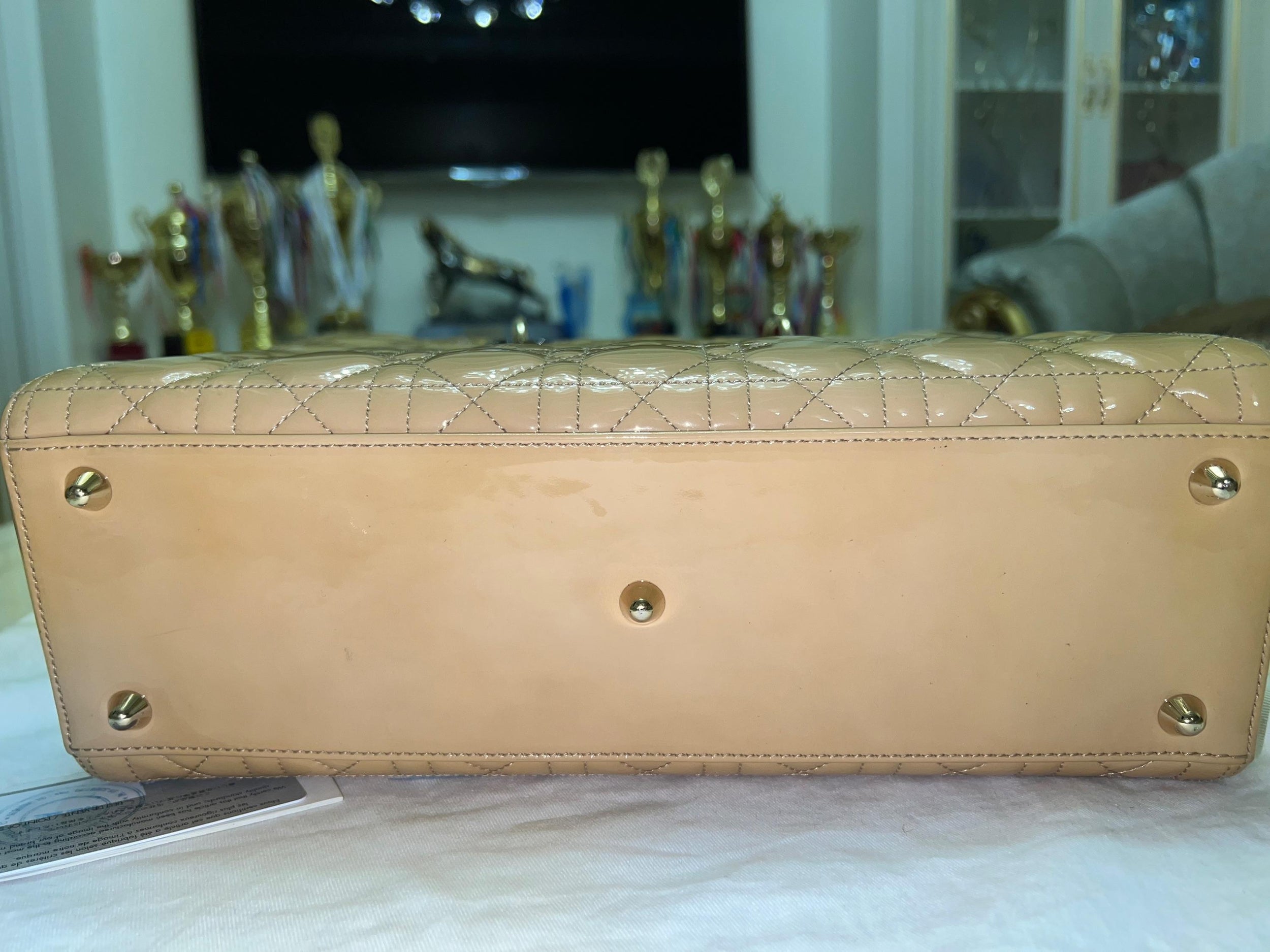 Beige Patent Leather Large Lady Dior Tote Bag