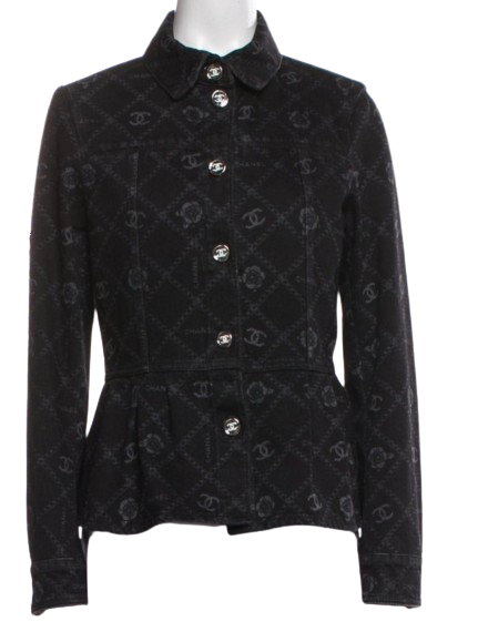 Chanel Black Camelia Denim Button Front Jacket