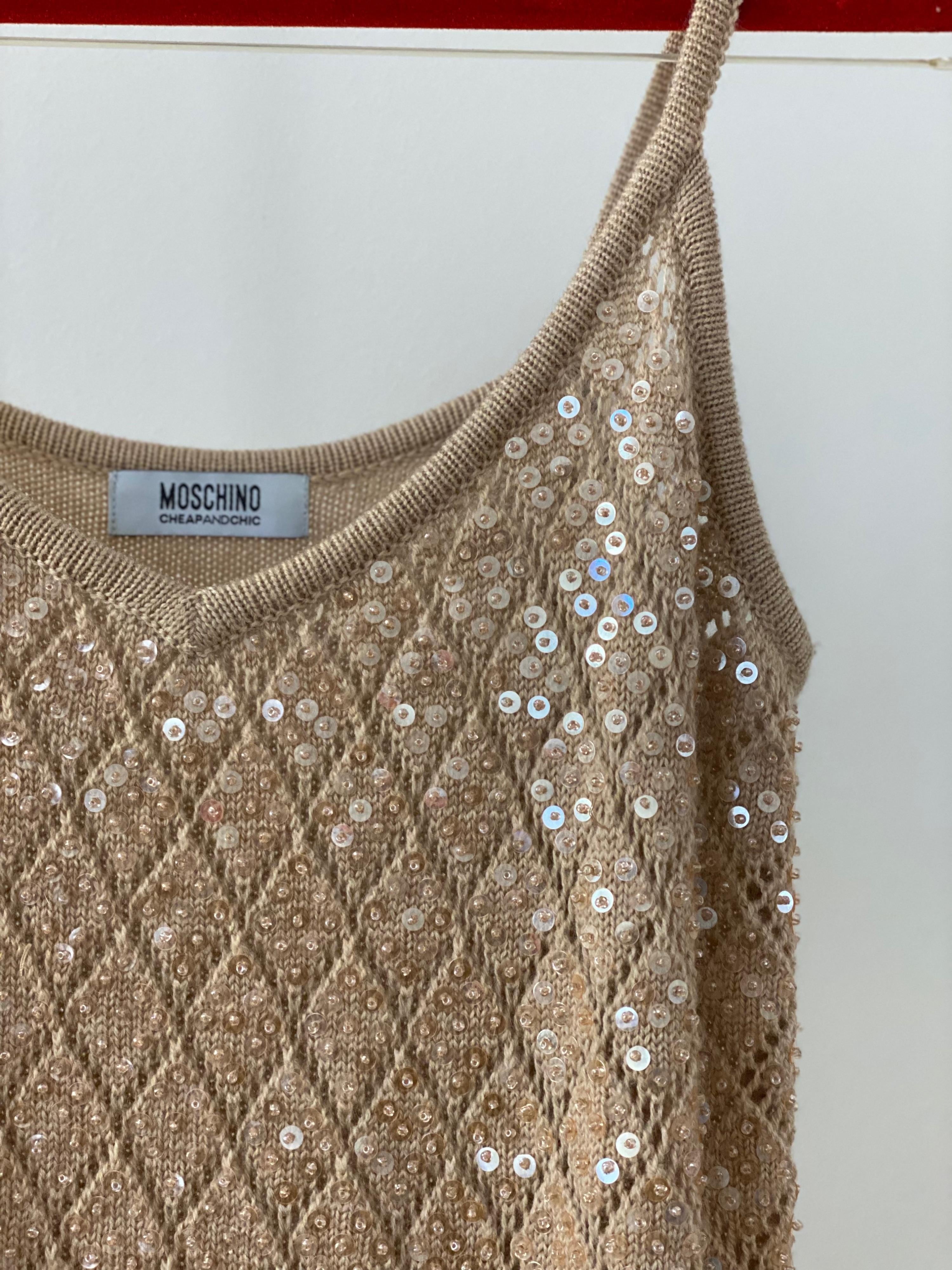 Beige sequinned pointelle knit cami dress