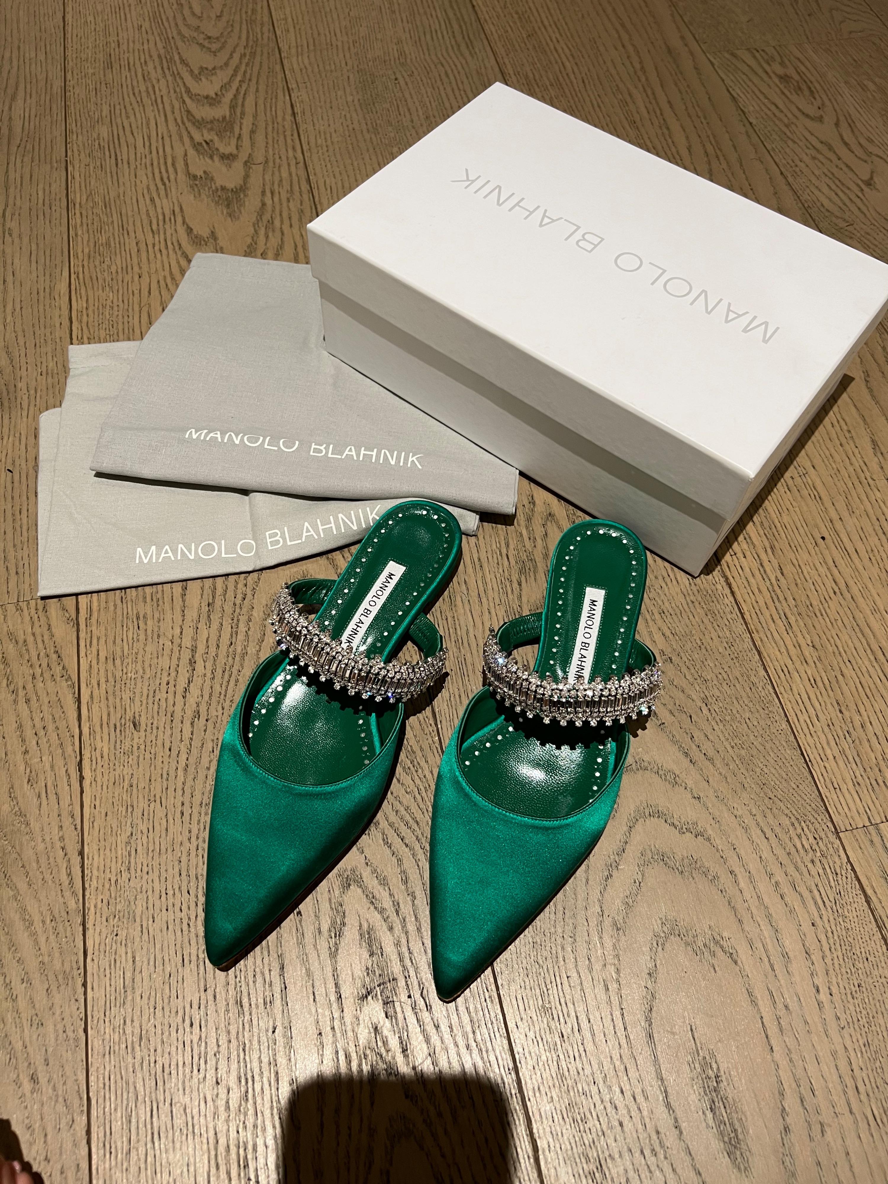 Emerald Green Satin Lutara Crystal Flats