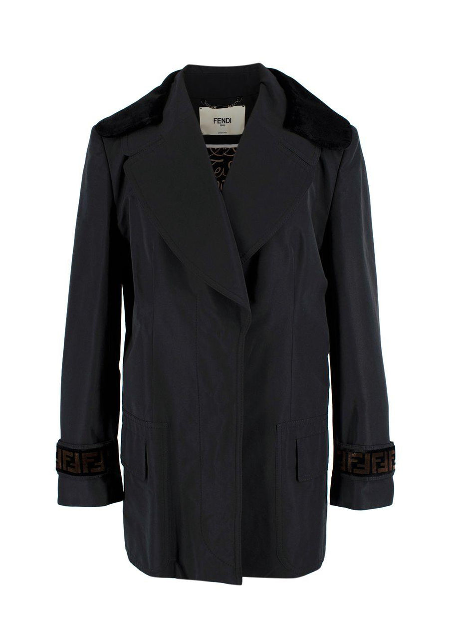 Fendi Black Short Trench Coat with Faux Fur Detail