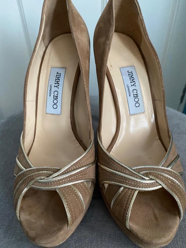 Jimmy Choo Beige Suede Peep Toe Heeled Pumps