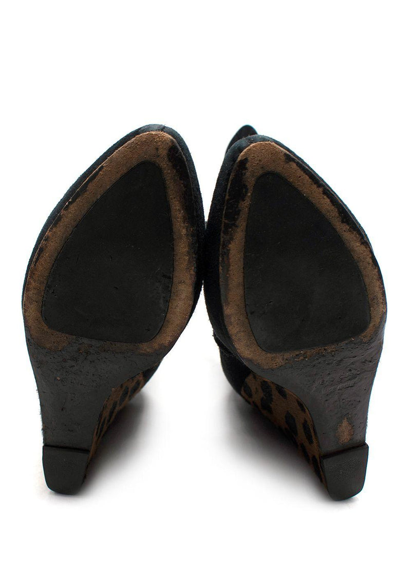 Giuseppe Zanotti Black Suede Wedge Ankle Boots Leopard Print Heel