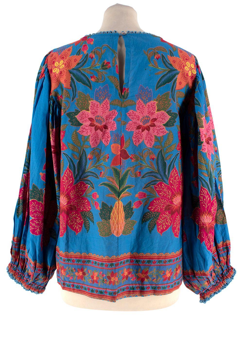 Farm Rio Blue Printed Lace Detail Blouse