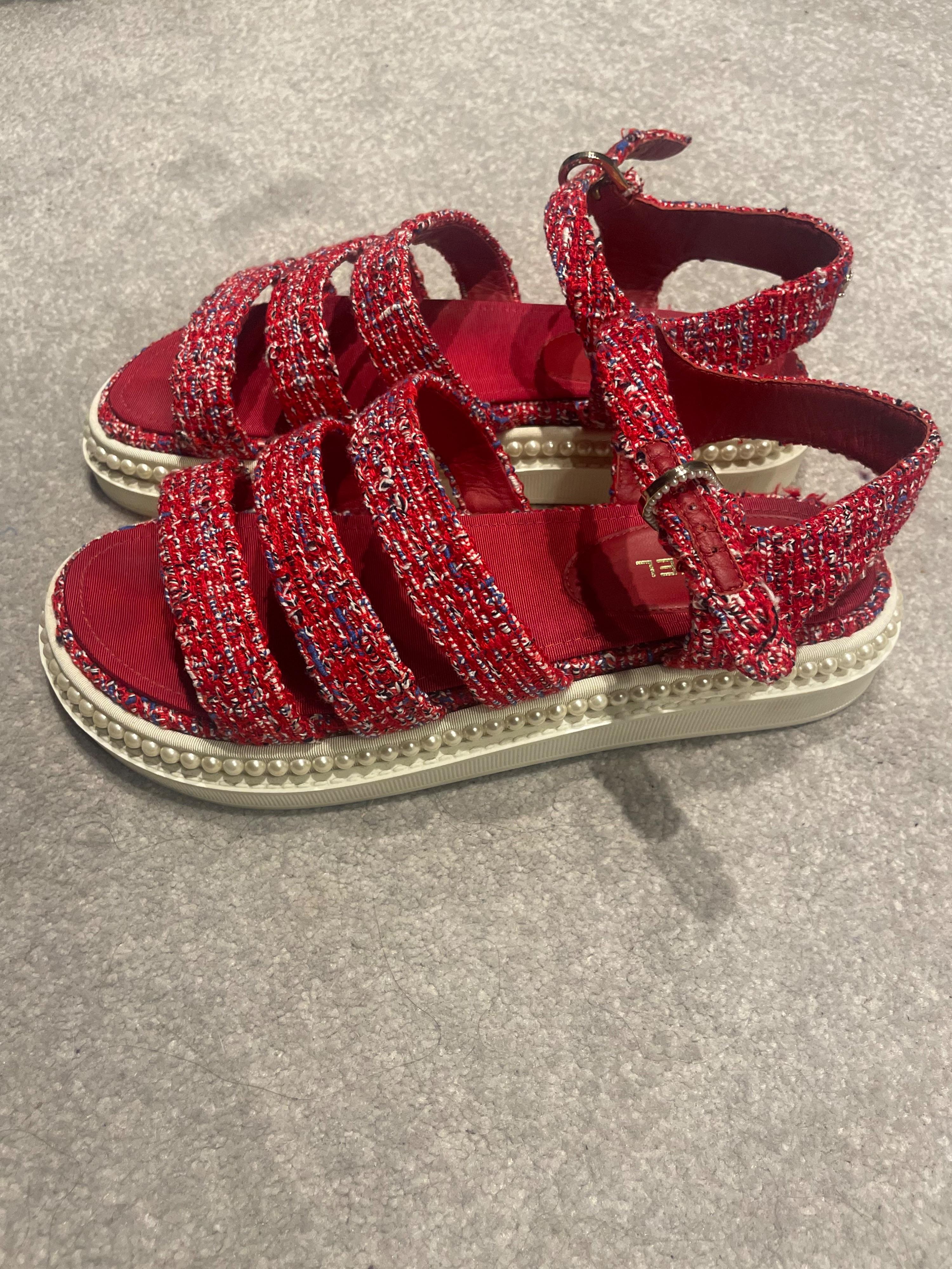 Chanel Red Tweed and Pearl Dad Sandals