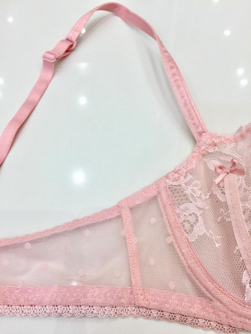 Aubade Paris Sugar Pink Leavers Lace Half Cup Bra & Tanga Set