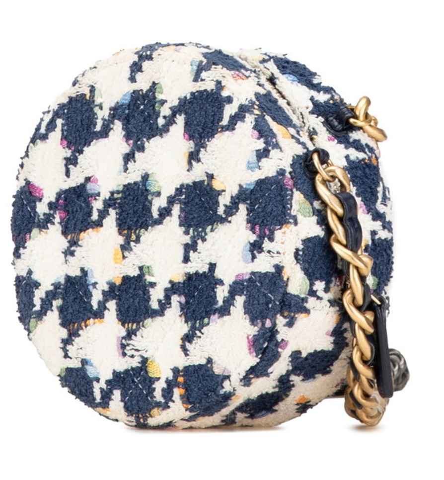 Chanel Navy and White 2020 Tweed 19 Round Clutch With Chain