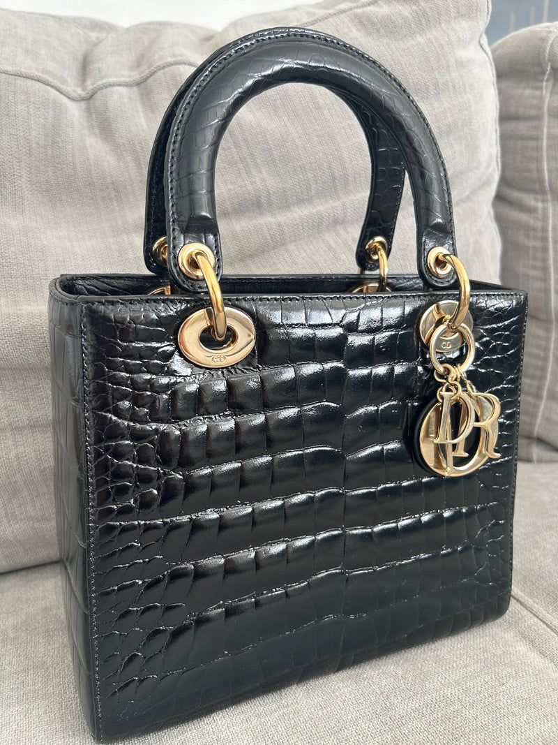 Dior Medium Lady Dior Black Alligator Bag