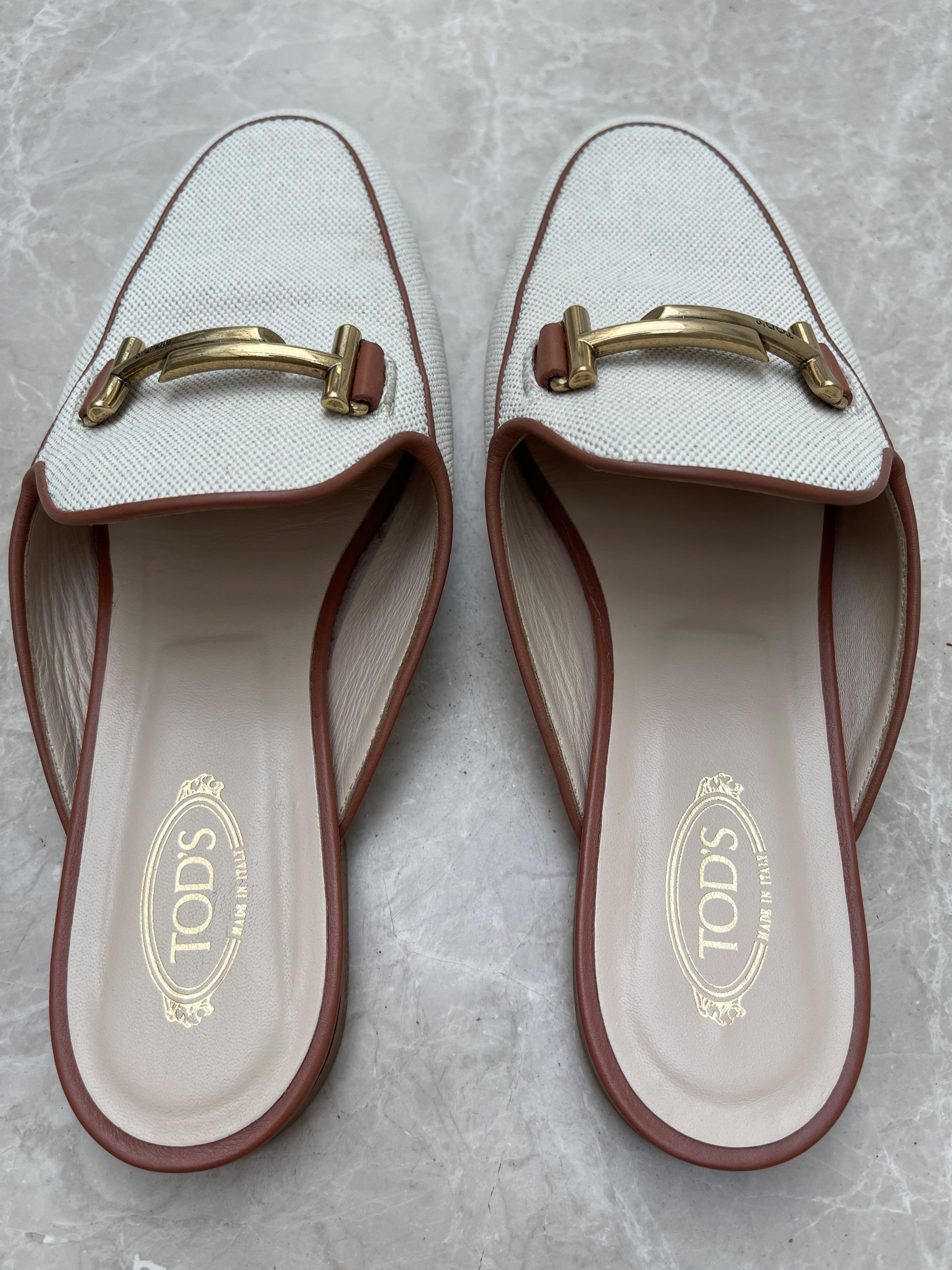 Ivory Canvas & Tan Leather Backless Loafers