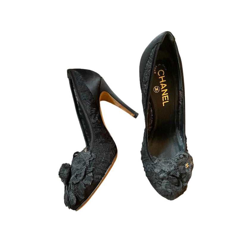 Chanel Black Lace Camellia Applique Pumps