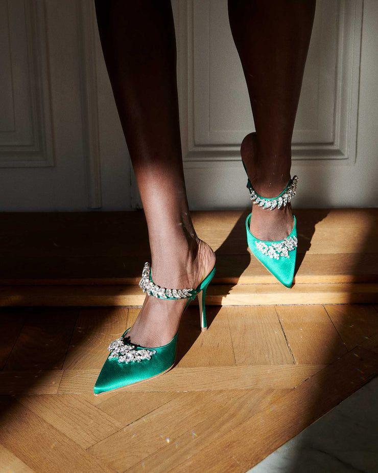 Manolo Blahnik Embellished Green Satin Mules