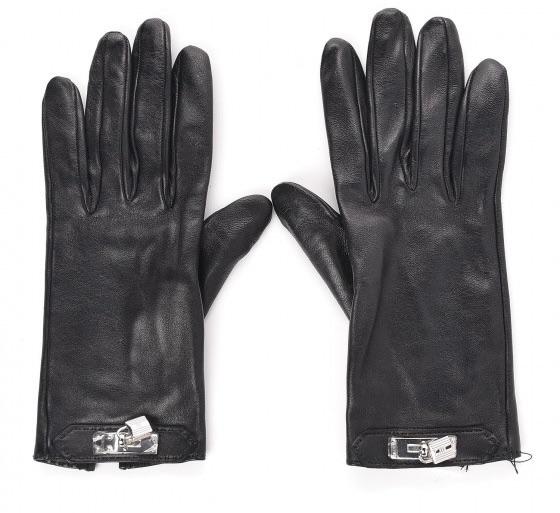 Hermes Black Leather Kelly Lock Gloves with Palladium Hardware