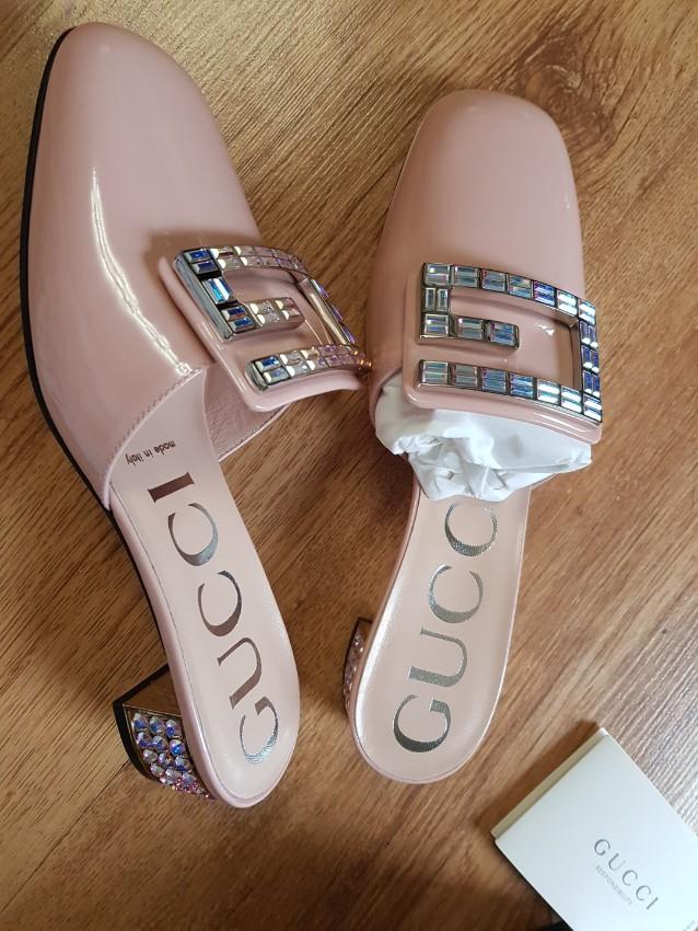 Gucci Nude Crystal Embellished Square G Mules