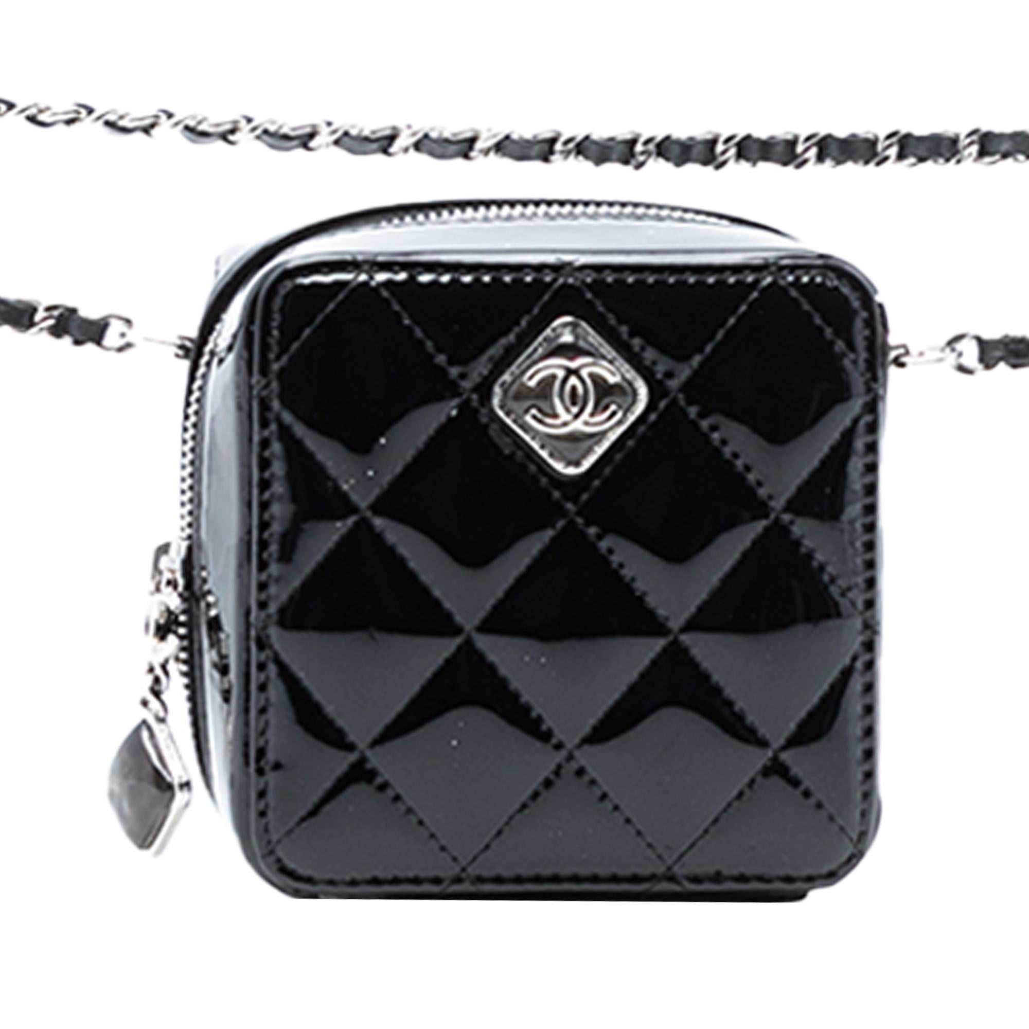 Chanel Black Quilted Patent Diamond Resin Clutch With Chain