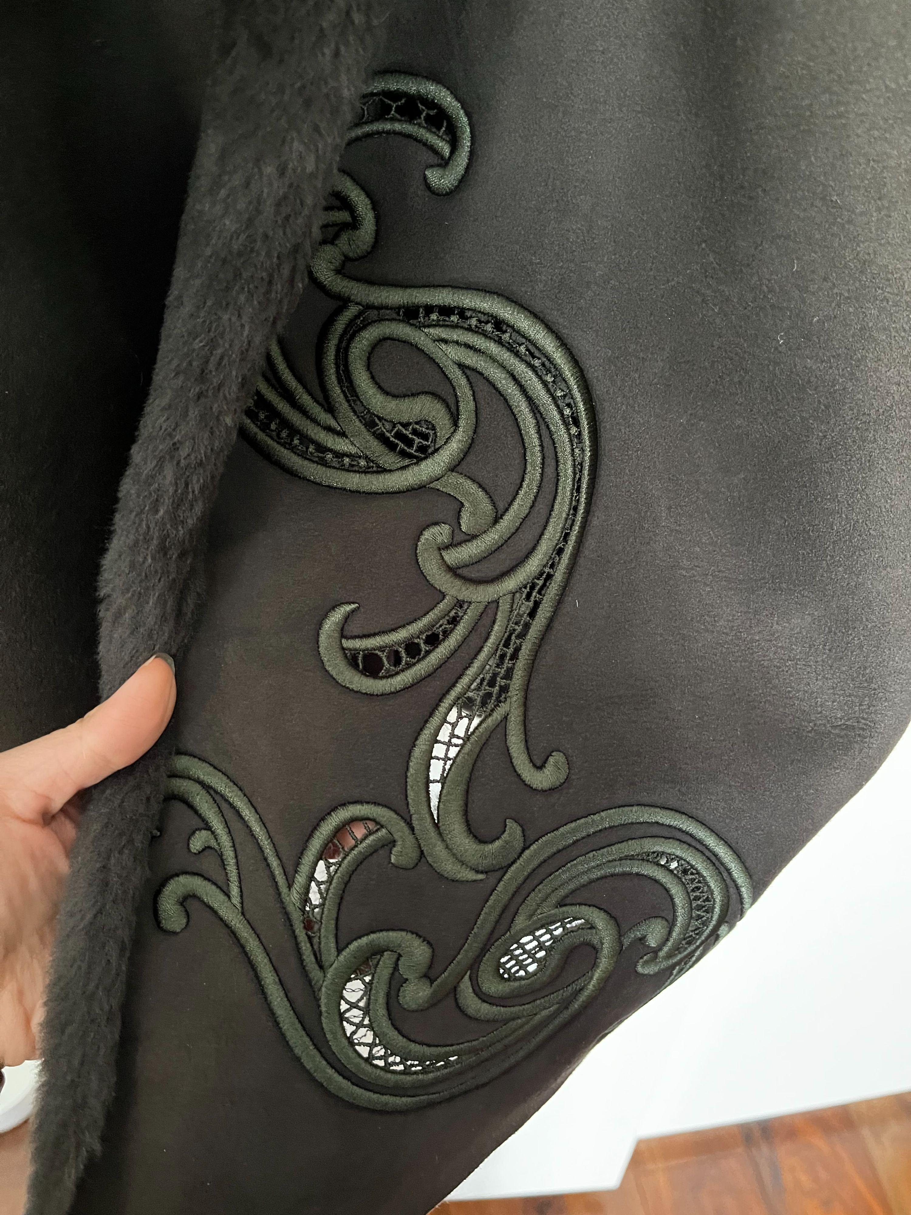 Khaki Shearling Cut-Work Coat