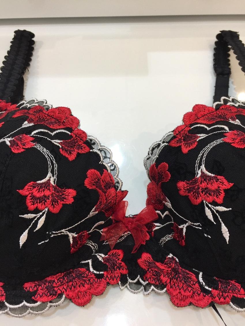 Millesia Embroidered Flowers Red & Black Padded Bra & Thong Set
