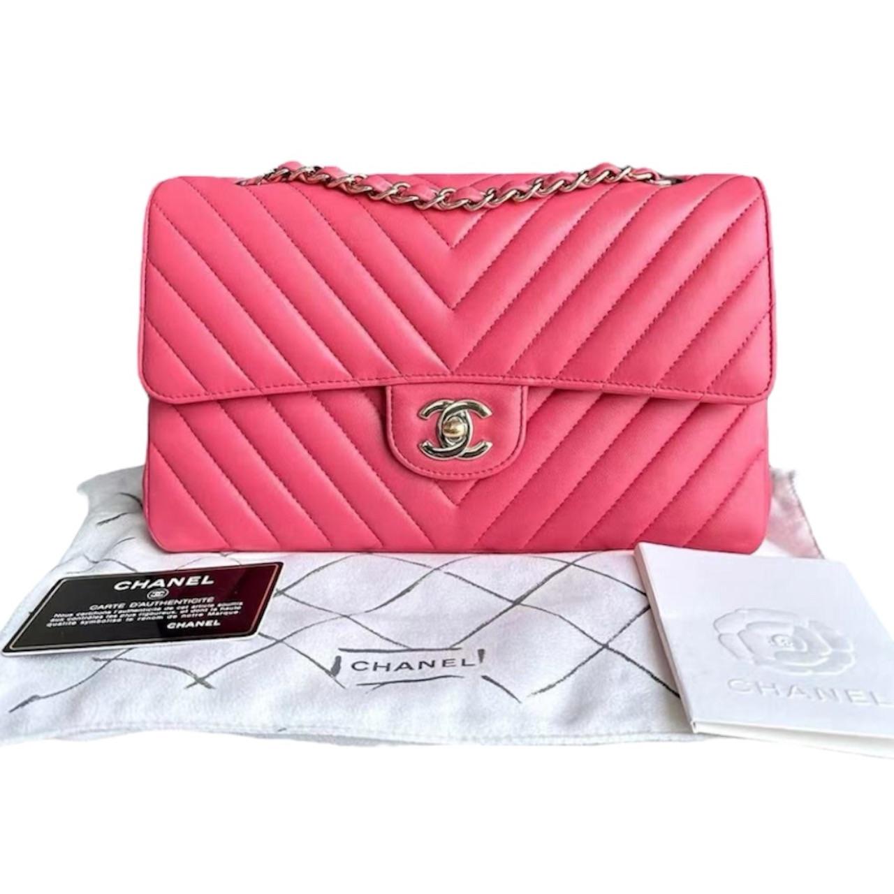 Coral Pink Medium Quilted Chevron Lambskin Classic Double Flap Bag