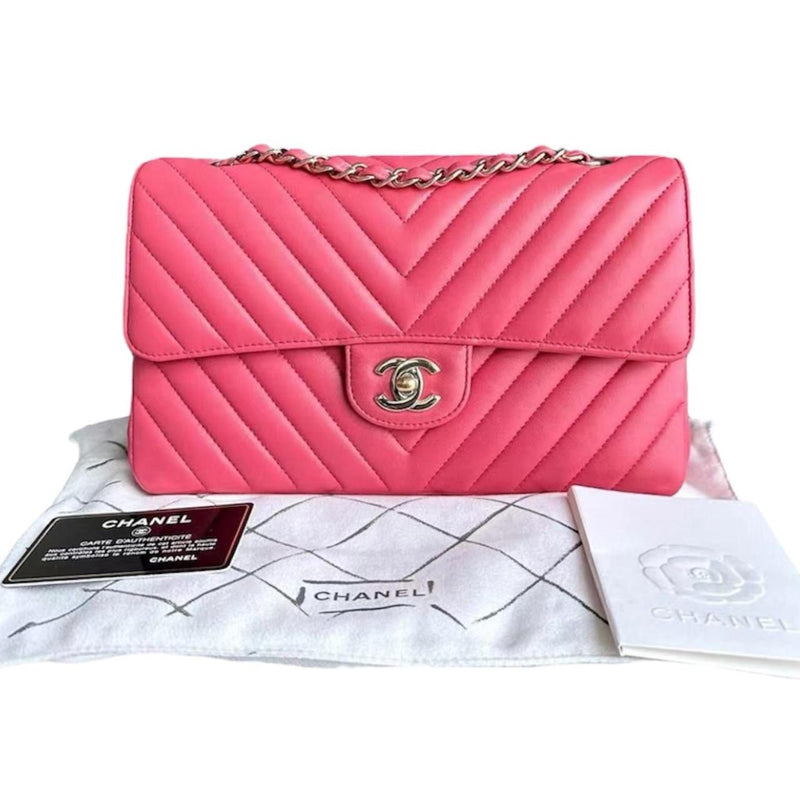 Coral Pink Medium Quilted Chevron Lambskin Classic Double Flap Bag