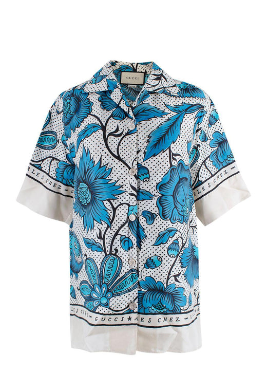 blue/white short sleeve shirt with floral print