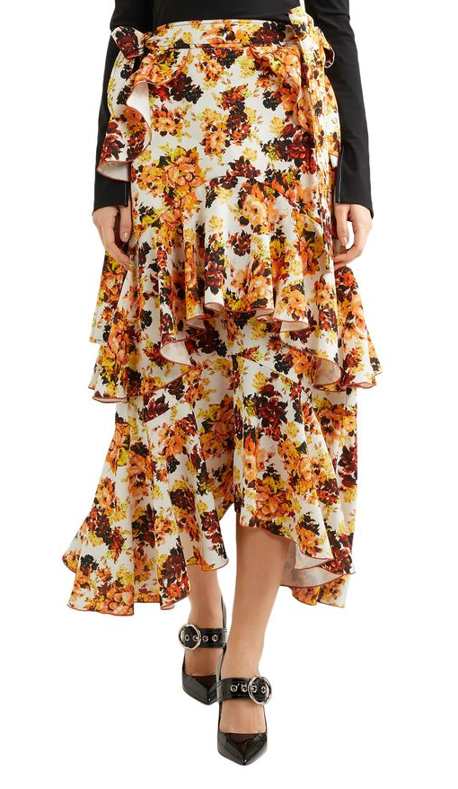 Ellery Orange Floral Print Ruffled Midi Skirt