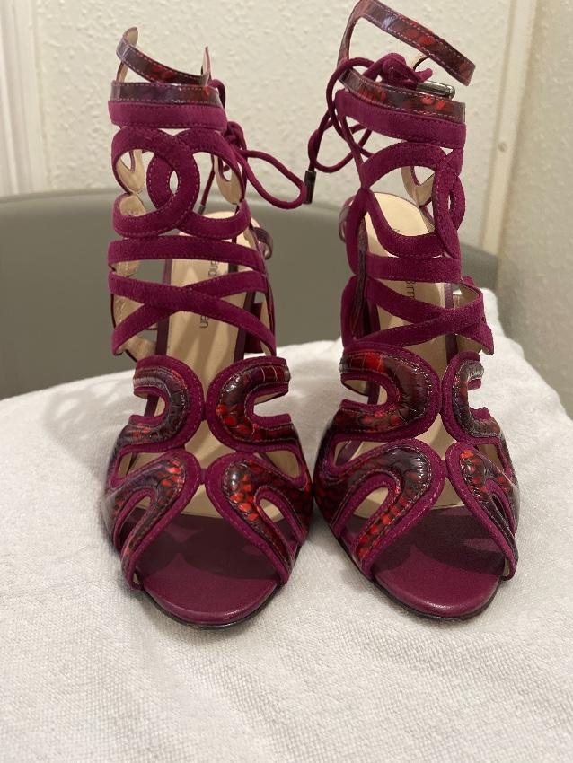 Alexandre Birman Burgundy Suede & Snakeskin Cage Sandals