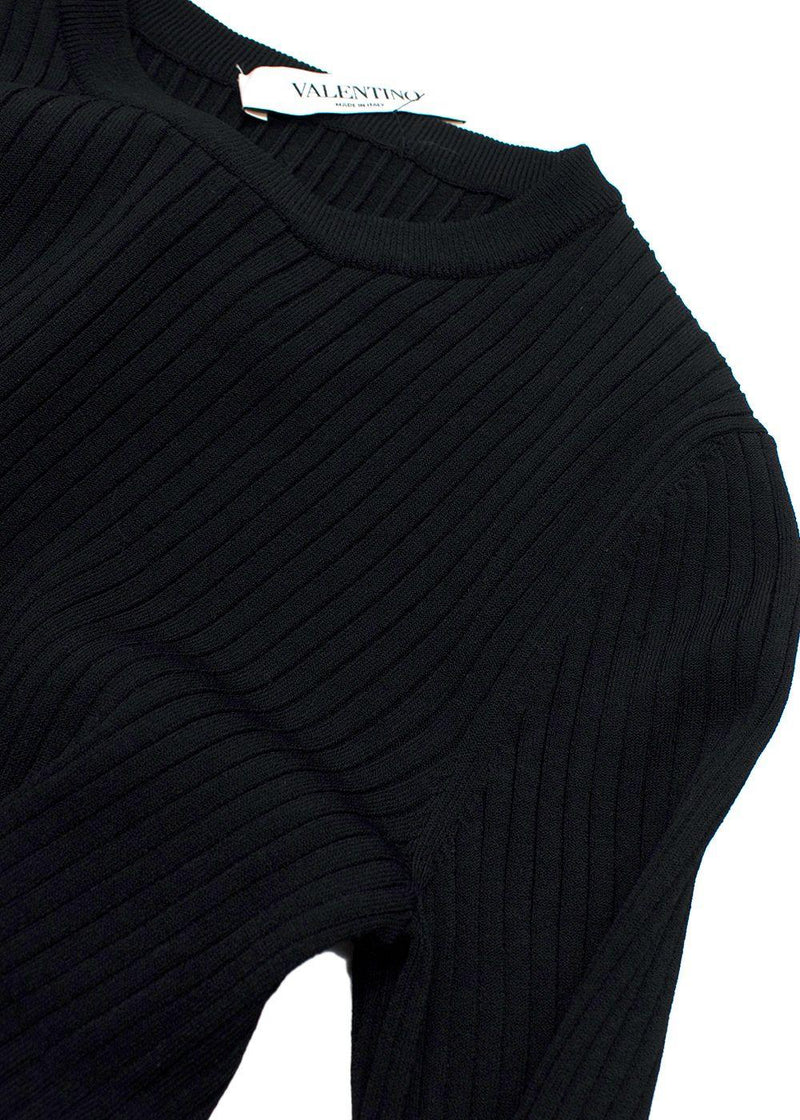 Valentino Black Silk Georgette-Trimmed Ribbed Stretch-Knit Sweater