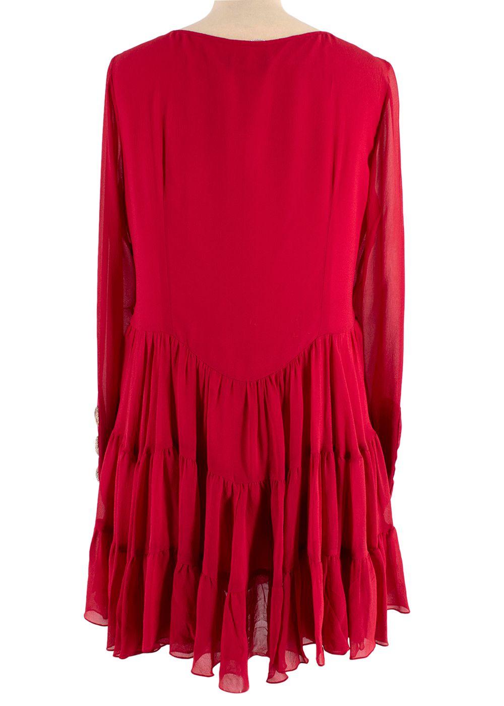 Red Silk Ruffled Long Sleeved Dress