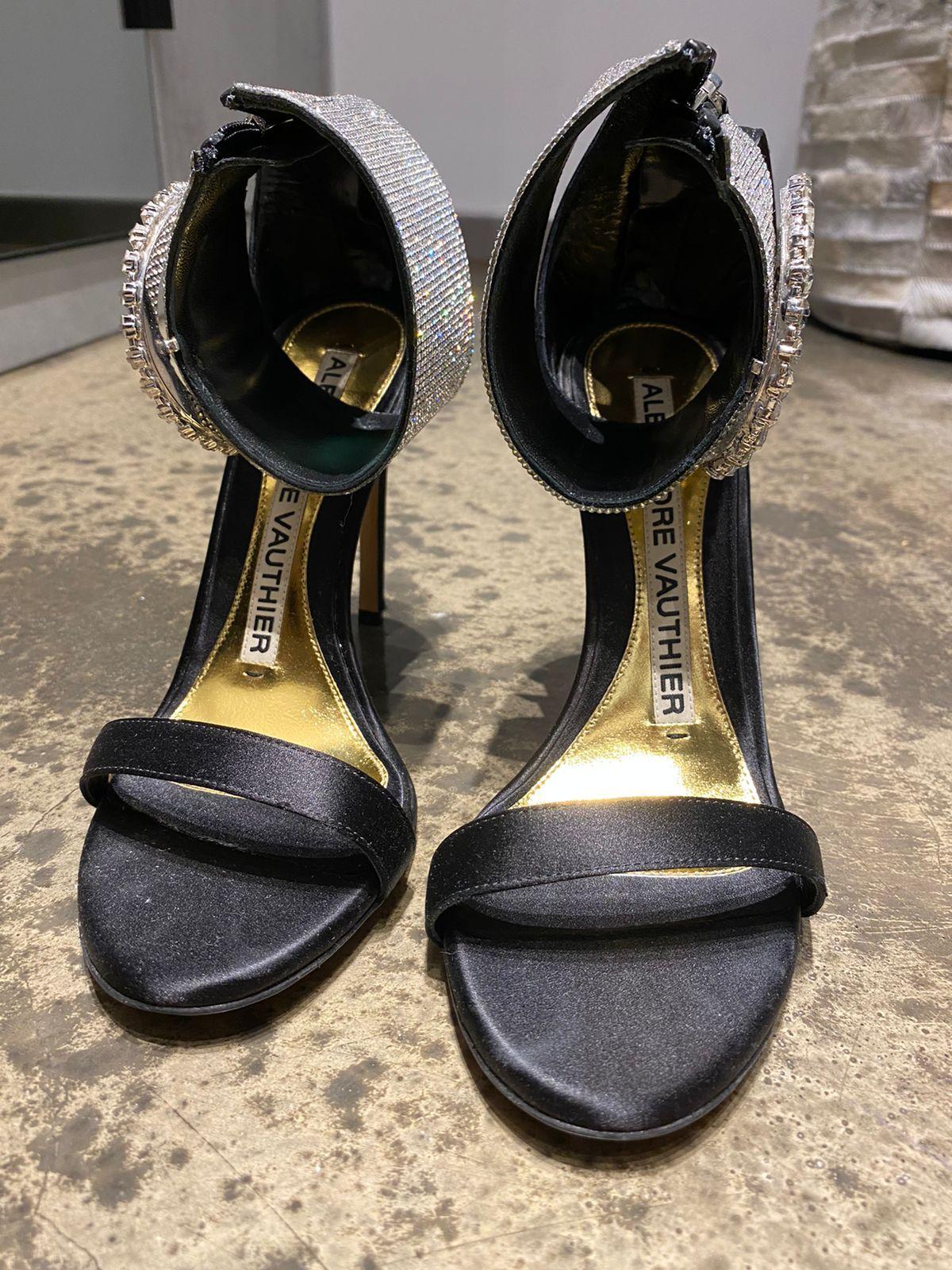 Black satin & crystal heeled sandals