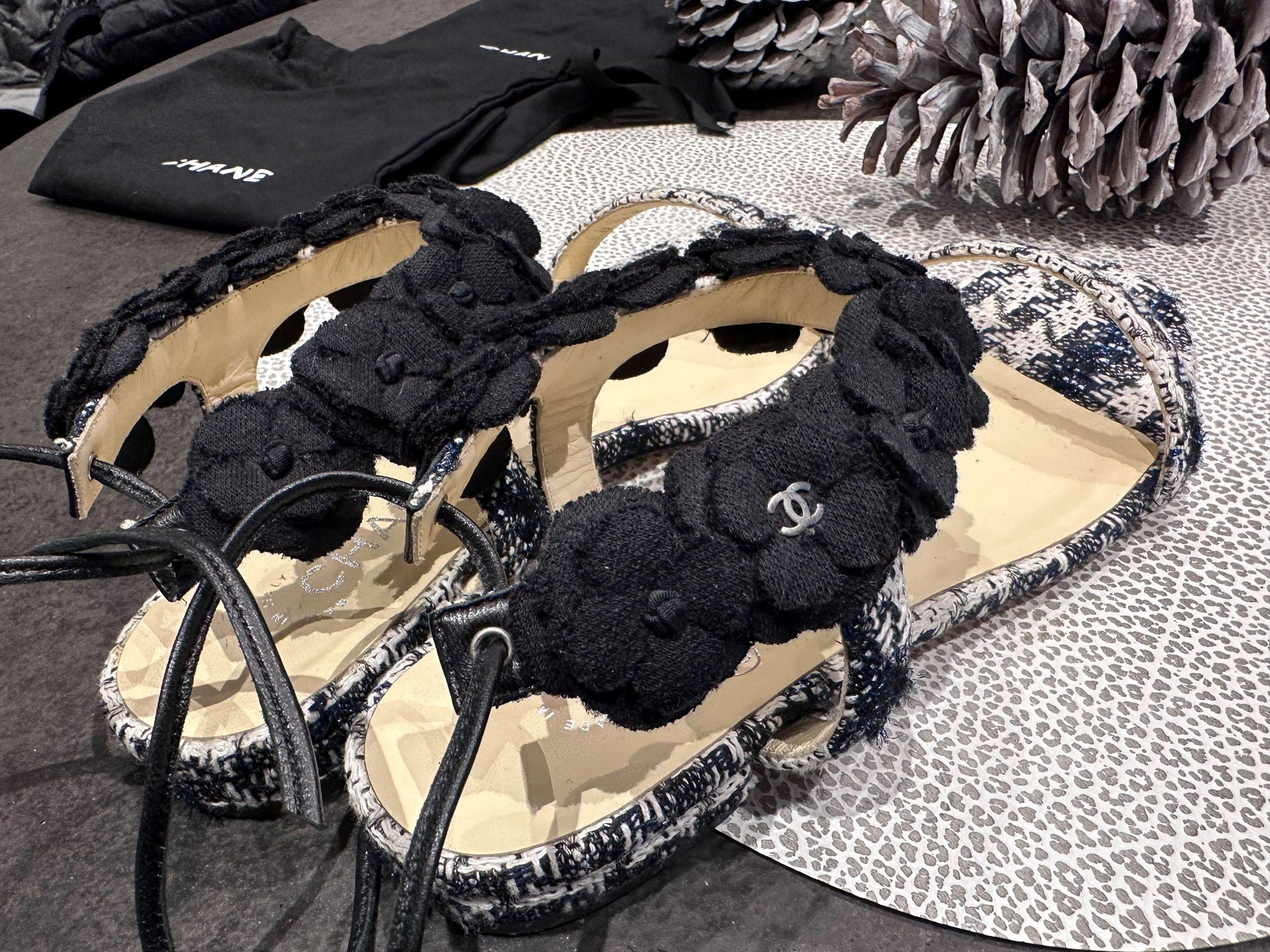 Chanel Black and White Tweed Camellia Embellished Sandals