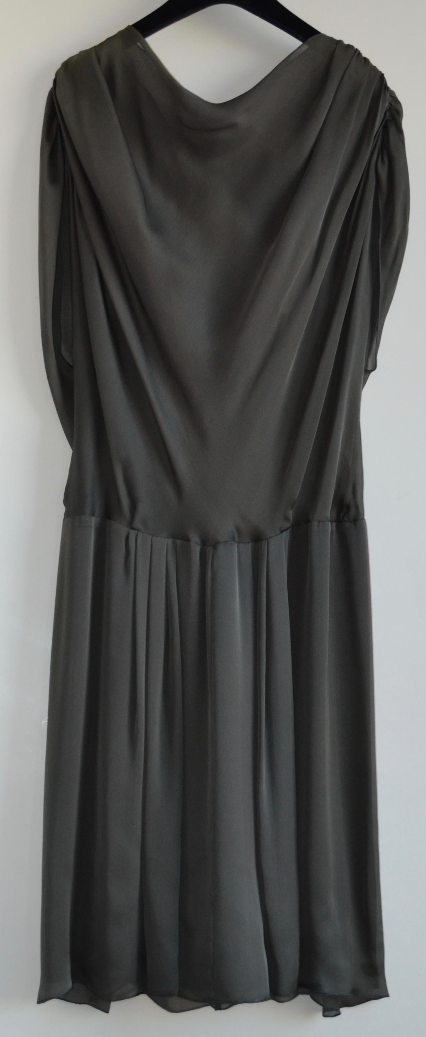 Olive silk satin draped dress
