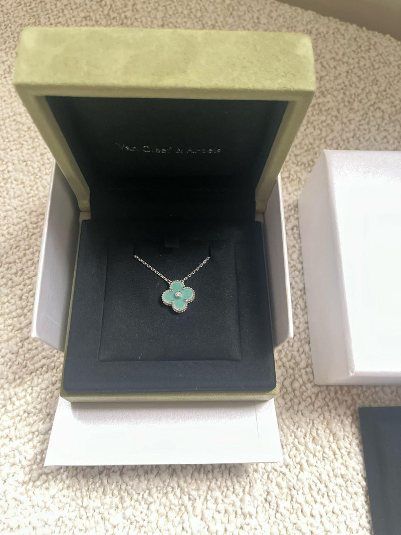 Van Cleef & Arpels White Gold Celadon Green Alhambra 2023 Holiday Pendant