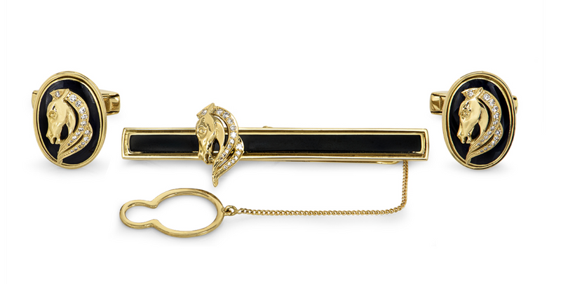 Bespoke Yellow Gold Enamel and Diamond Tie Slide and Cufflinks Set
