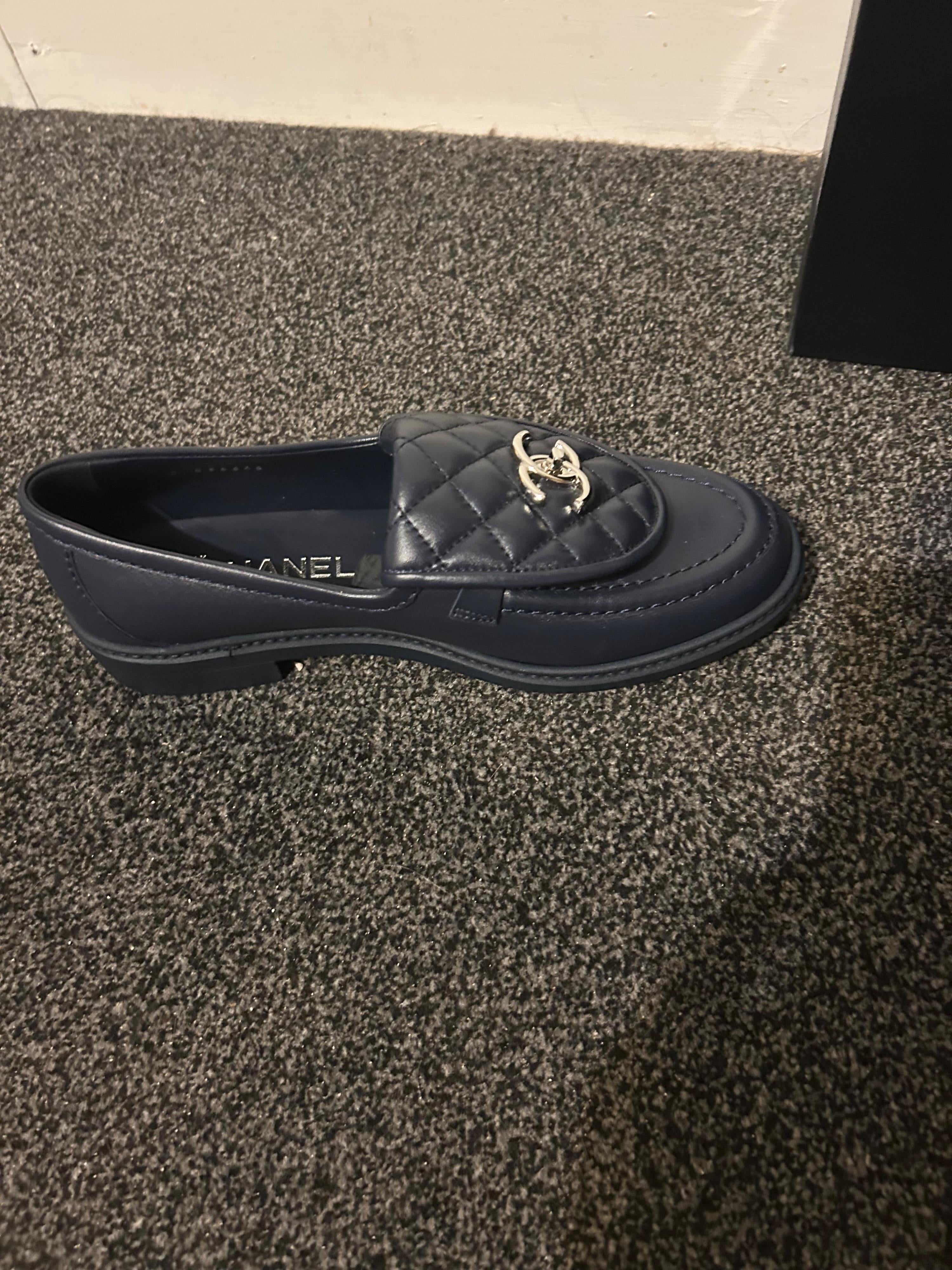 Chanel Navy Blue Leather Moccasins