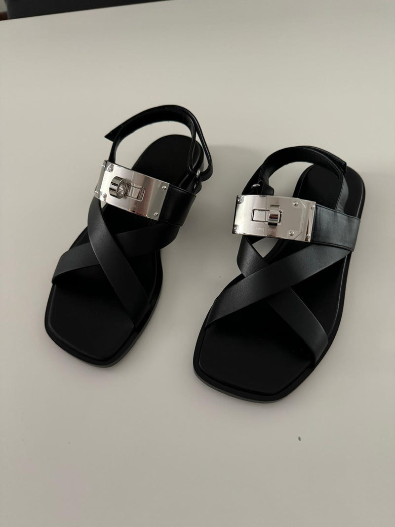 Hermes Oversized Kelly Buckle Black Sandals