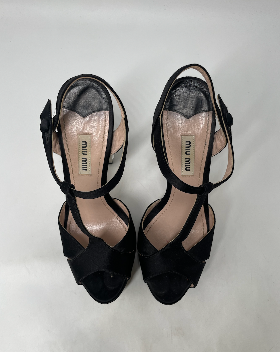 Miu Miu Crystal Embellished Heeled Satin Sandals