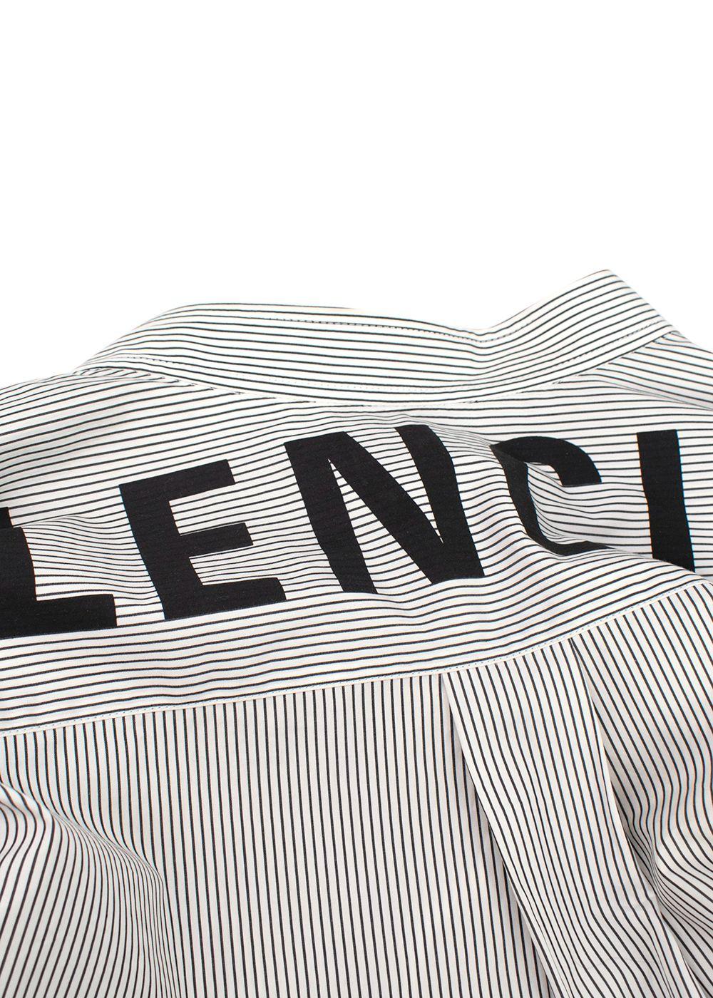 Balenciaga White and Navy Striped Logo Oversized Shirt with Tie Detail