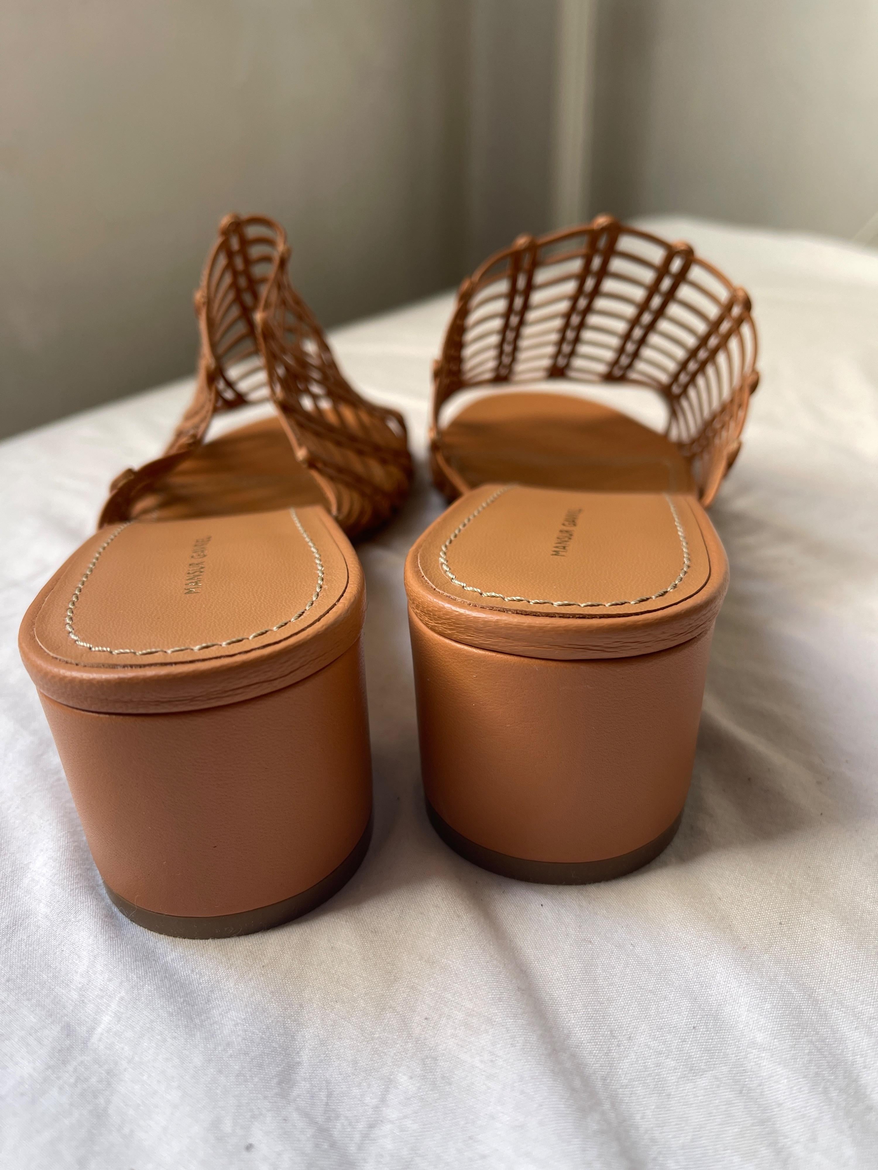 Tan woven leather block heeled mules